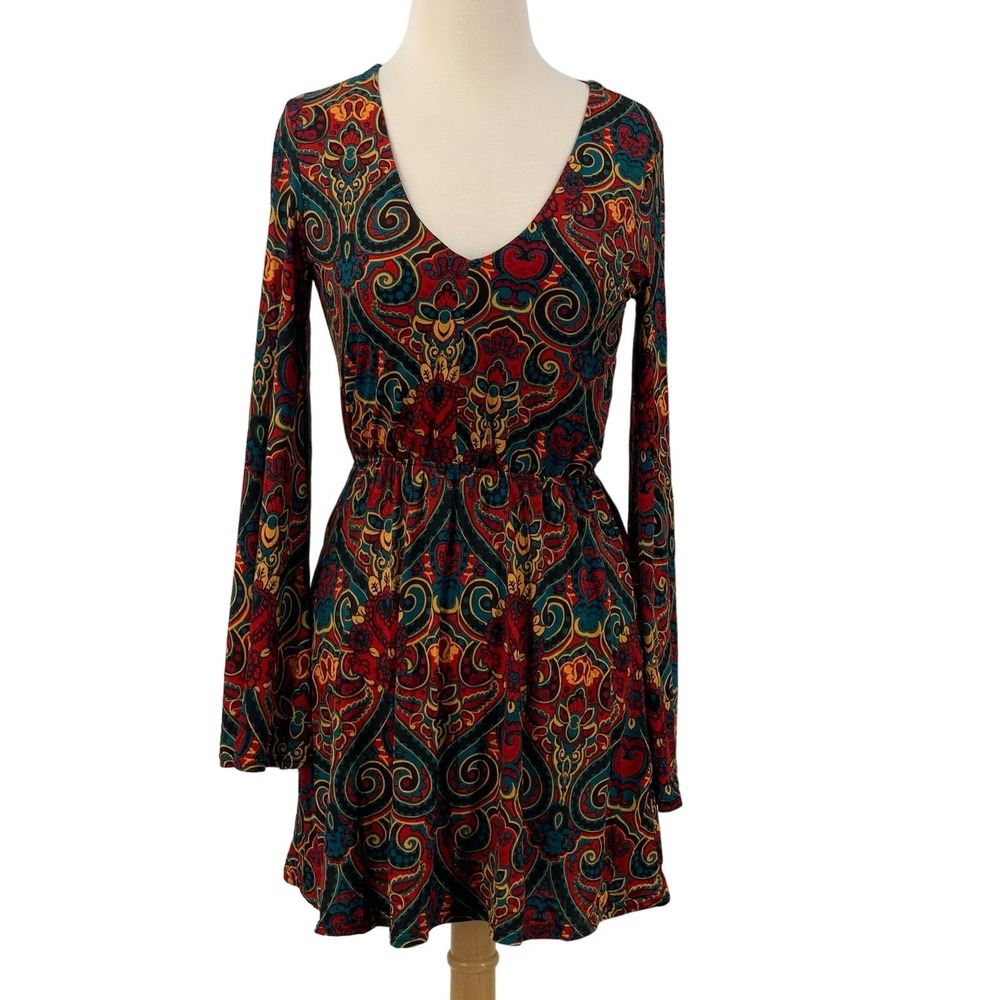 Derek Keart Women's LS V-Neck Dress Black/Red Multi Floral‎ Paisley Size S